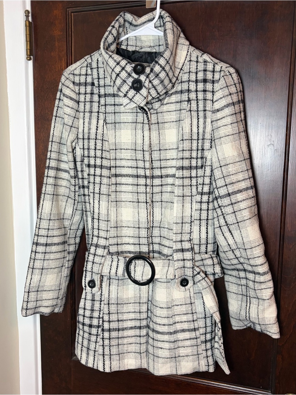 Vintage Delia’s Women’s Coat XL Black & White Plaid Tweed Belt Y2K Wool Blend